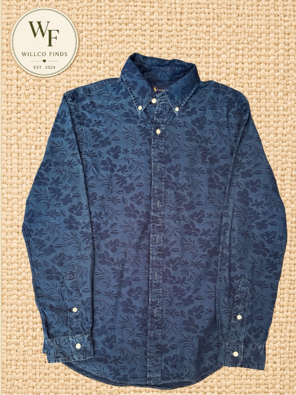Ralph Lauren Men’s Medium Indigo Blue Floral Jacquard Slim Fit Button Down